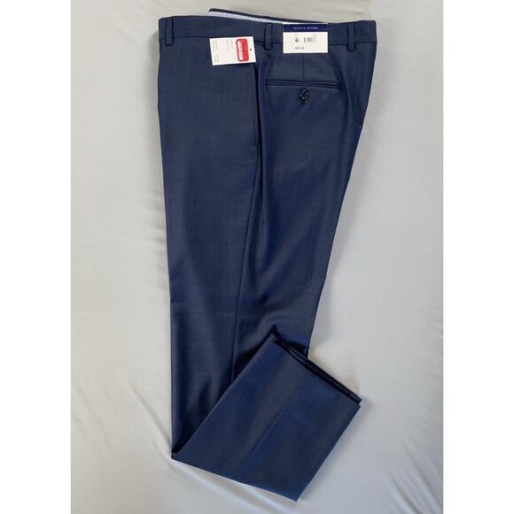 Tommy Hilfiger 'Tyler' Flat Front Wool Dress Pants, Slacks. Blue Sharkskin 36X32 - Picture 1 of 9